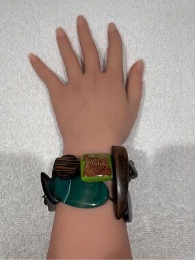 Francia Vintage Mixed
Media Chunky Cuff Bracelet -
Wood, Glass & Resin